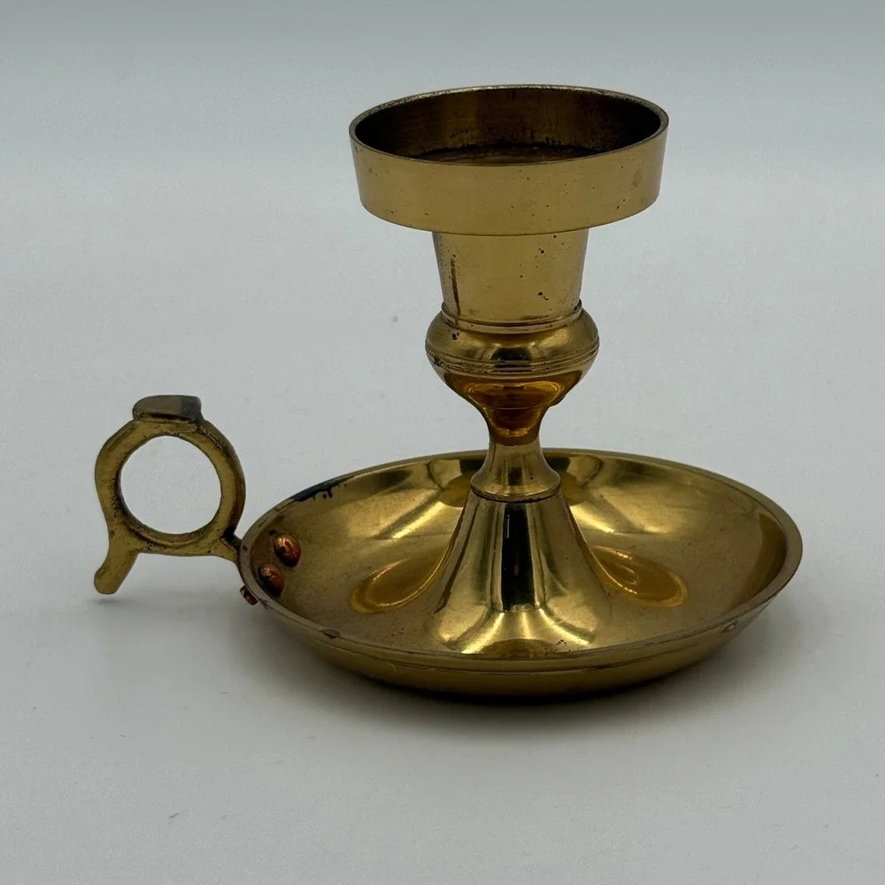 Vintage Solid Brass Chamberstick Candle Holder Finger Loop Handle Made in India
